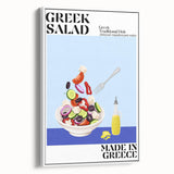 Vintage poster art of colorful food dishes on a framed canvas, ideal for living room decor.