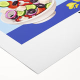 Art Deco poster featuring an array of colorful food dishes on a rolled canvas, ideal for dining room wall art.
