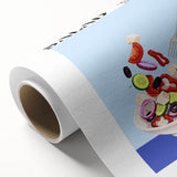 Art deco poster featuring an array of stylized food dishes in bold colors on rolled canvas.