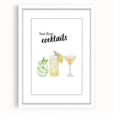 Abstract art print featuring swirls of blue and green colors on a white framed poster, ideal for dining room decor.