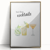 Art deco poster of assorted drinks in bold gold and black, acrylic framed print, ideal for modern kitchen decor.