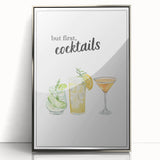 Large art print of colorful fruits and beverages in a mid-century modernist style on a framed acrylic.