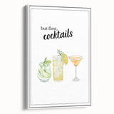 Vintage poster art of colorful cocktails on a black background, framed canvas, ideal for living room decor.