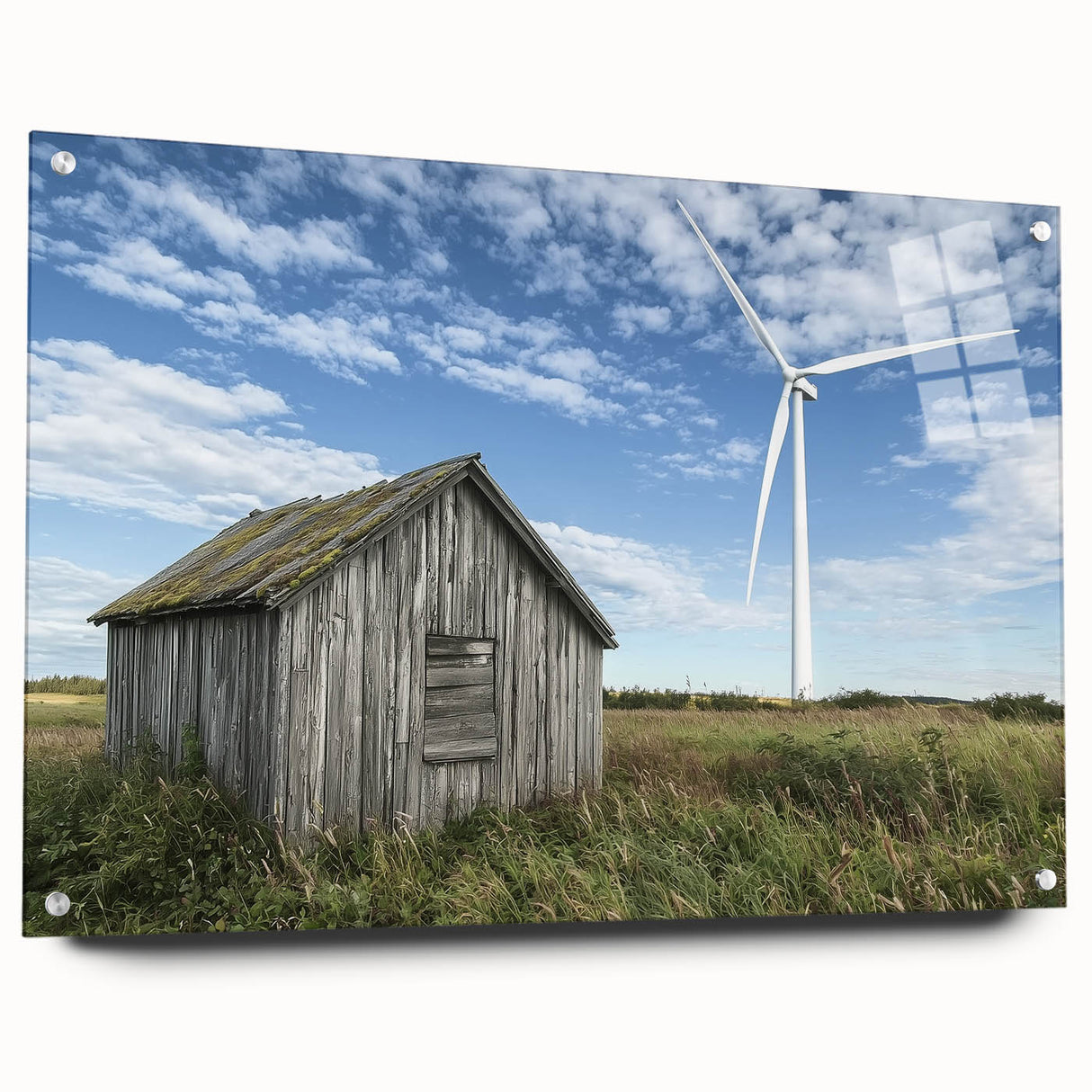 Landscape acrylic glass design of a rustic barn, showcasing vibrant colors and intricate details, displayed from a side view with visible mounting pins for easy installation. This artwork adds a charming touch to home decor, perfect for rustic or farmhouse aesthetics.