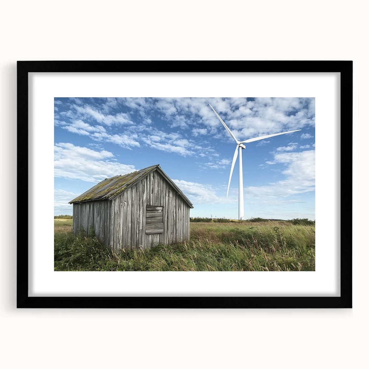 Black barn frame showcasing a landscape artwork, featuring a mat border and elegant front view, perfect for enhancing home decor and gallery displays.