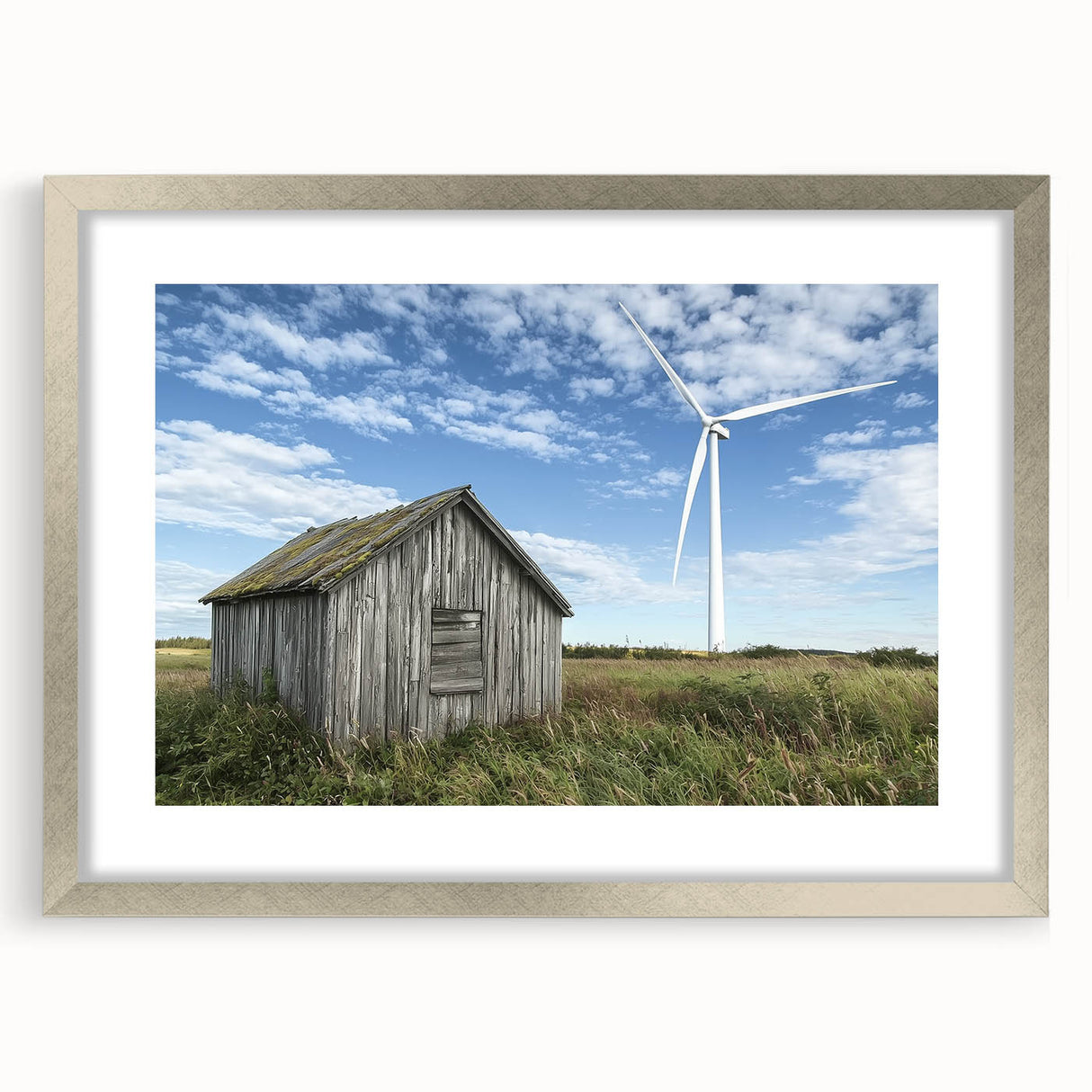 Landscape barn frame with a silver mat, showcasing a minimalist design that highlights the artwork's vibrant colors and textures, ideal for home decor.