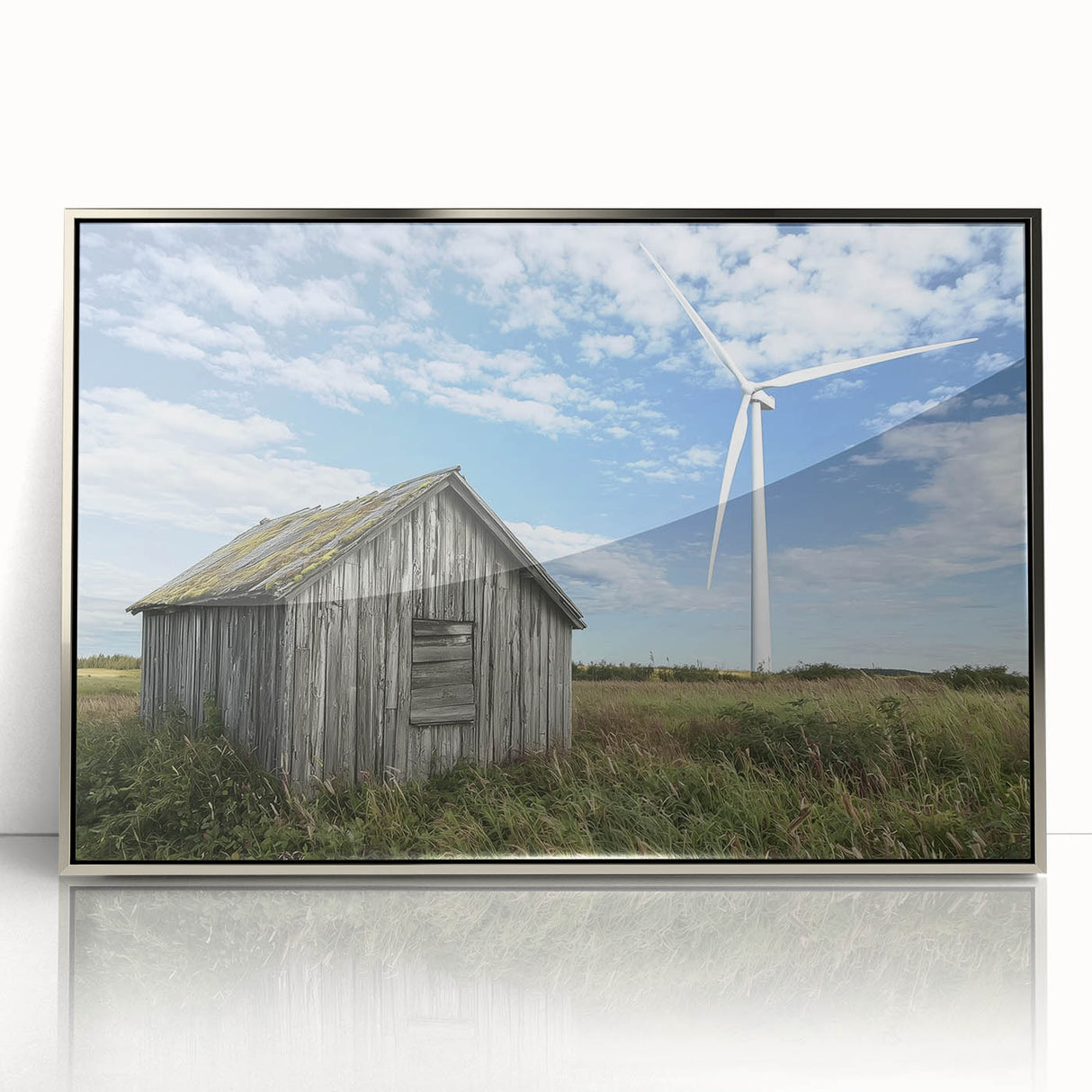 Framed acrylic artwork showcasing a serene landscape with a barn, featuring vibrant colors and a sleek silver frame, perfect for home décor or art enthusiasts.