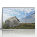 Landscape barn framed acrylic artwork showcasing a serene rural scene with vibrant colors, displayed in a sleek white frame, ideal for home decor.