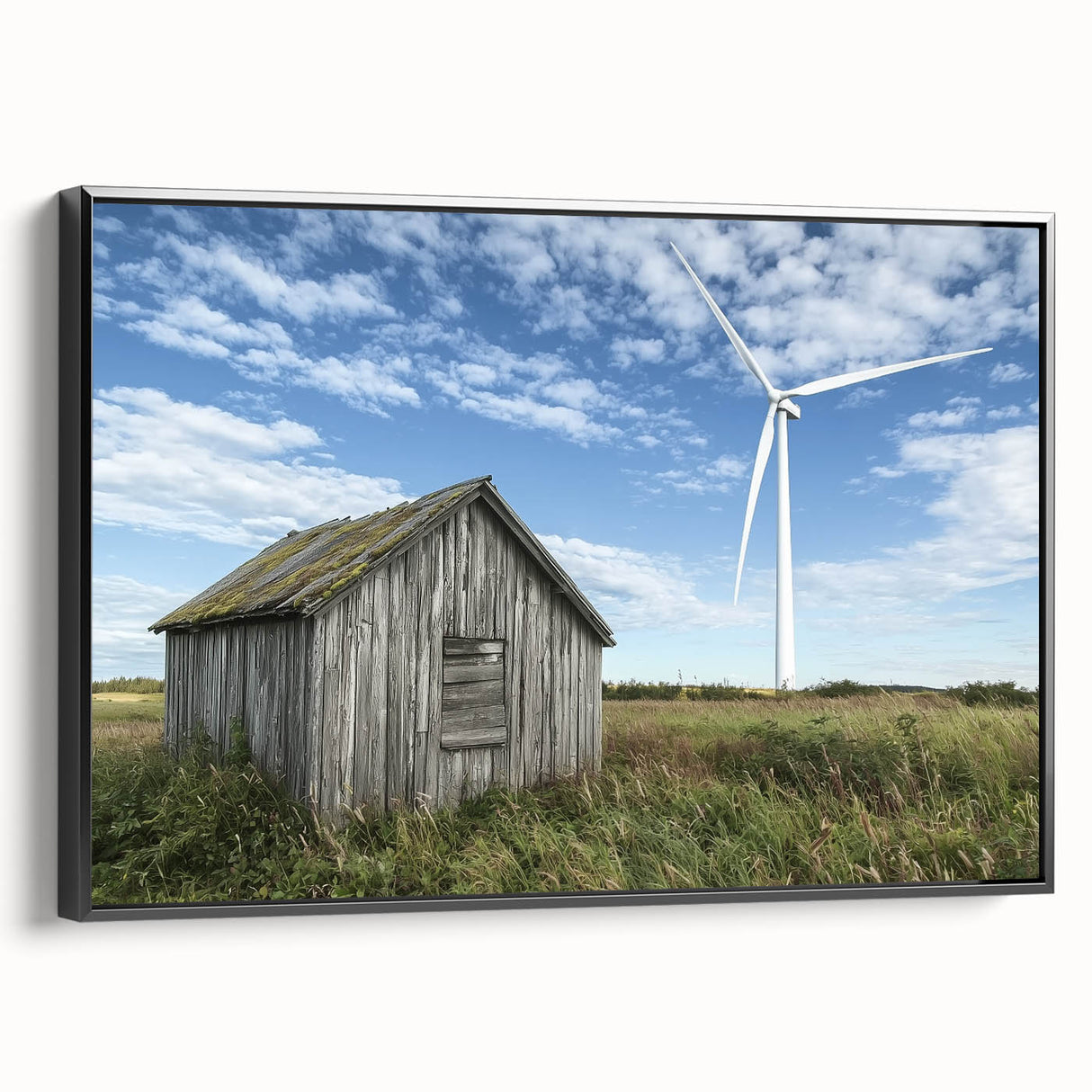 Black-framed landscape canvas artwork showcasing a serene rural scene with a barn, emphasizing rich colors and details, ideal for home decor enhancement.