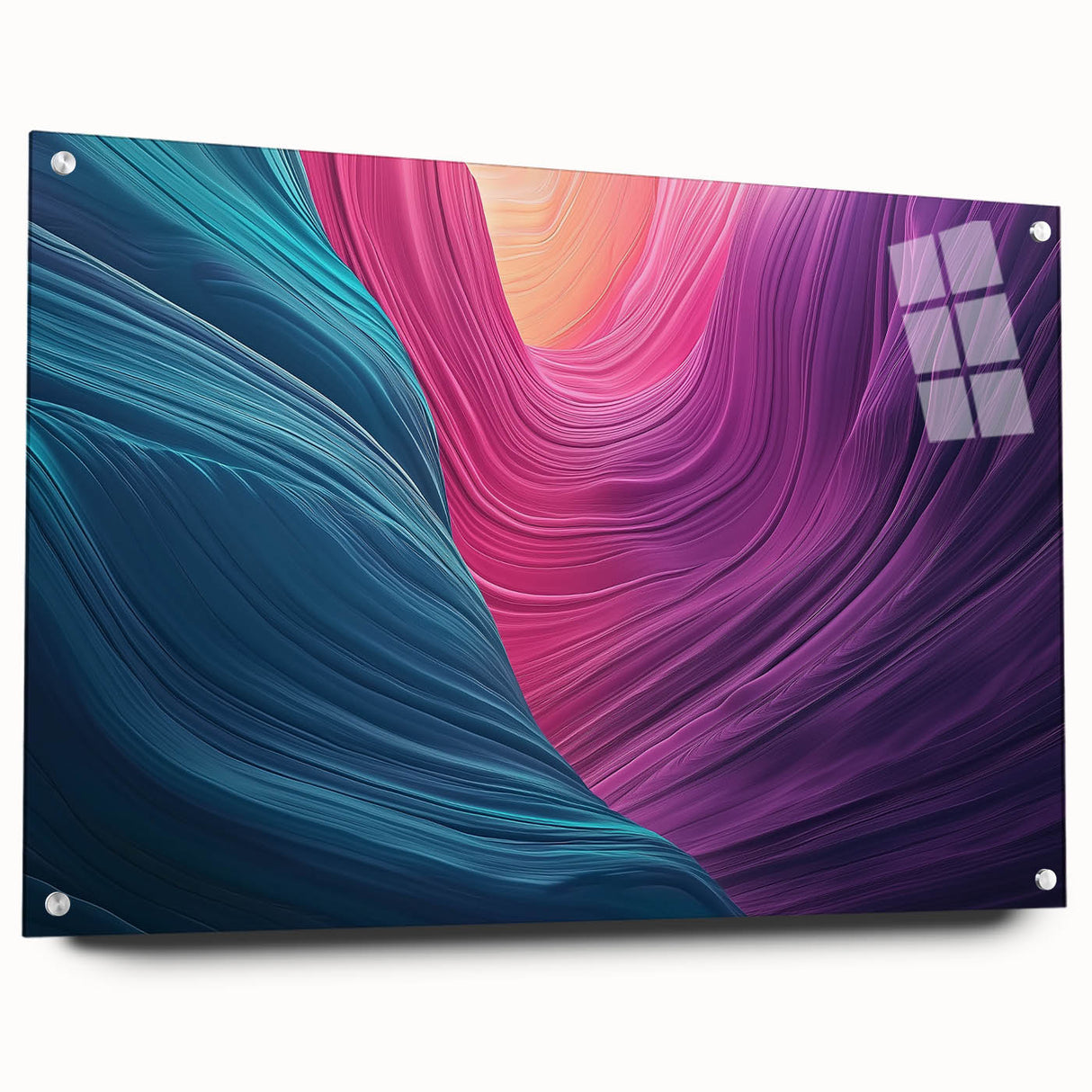 Acrylic landscape artwork showcasing vibrant canyons in rich colors, presented in a side view with polished glass and decorative pins for a modern display. Ideal for enhancing contemporary home decor.