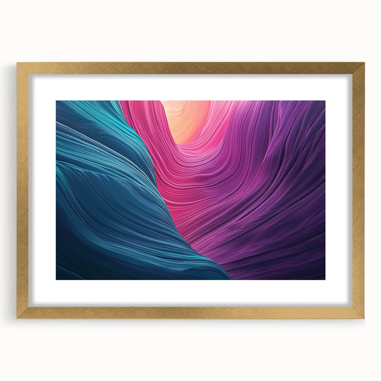 Landscape artwork featuring a canyon scene in a gold frame with a mat, highlighting warm earth tones and intricate details, perfect for home decor.