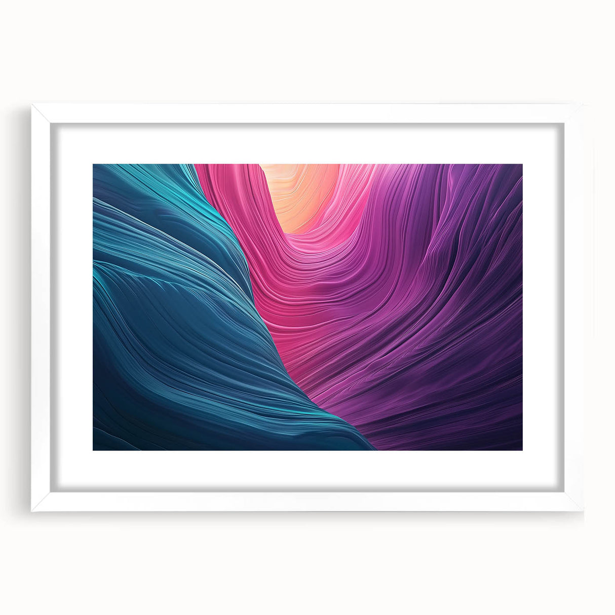 Landscape art print showcasing a dramatic canyon scene, framed with a white mat, ideal for home decor or office spaces. The vibrant colors and intricate details enhance any interior style.