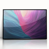 Framed acrylic artwork depicting a vibrant landscape of canyons with rich colors, elegantly mounted in a black frame, perfect for modern home decor.