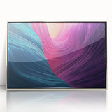 Framed acrylic landscape artwork showcasing vibrant canyons in shades of orange and blue, perfect for enhancing modern home decor with a touch of nature's beauty.