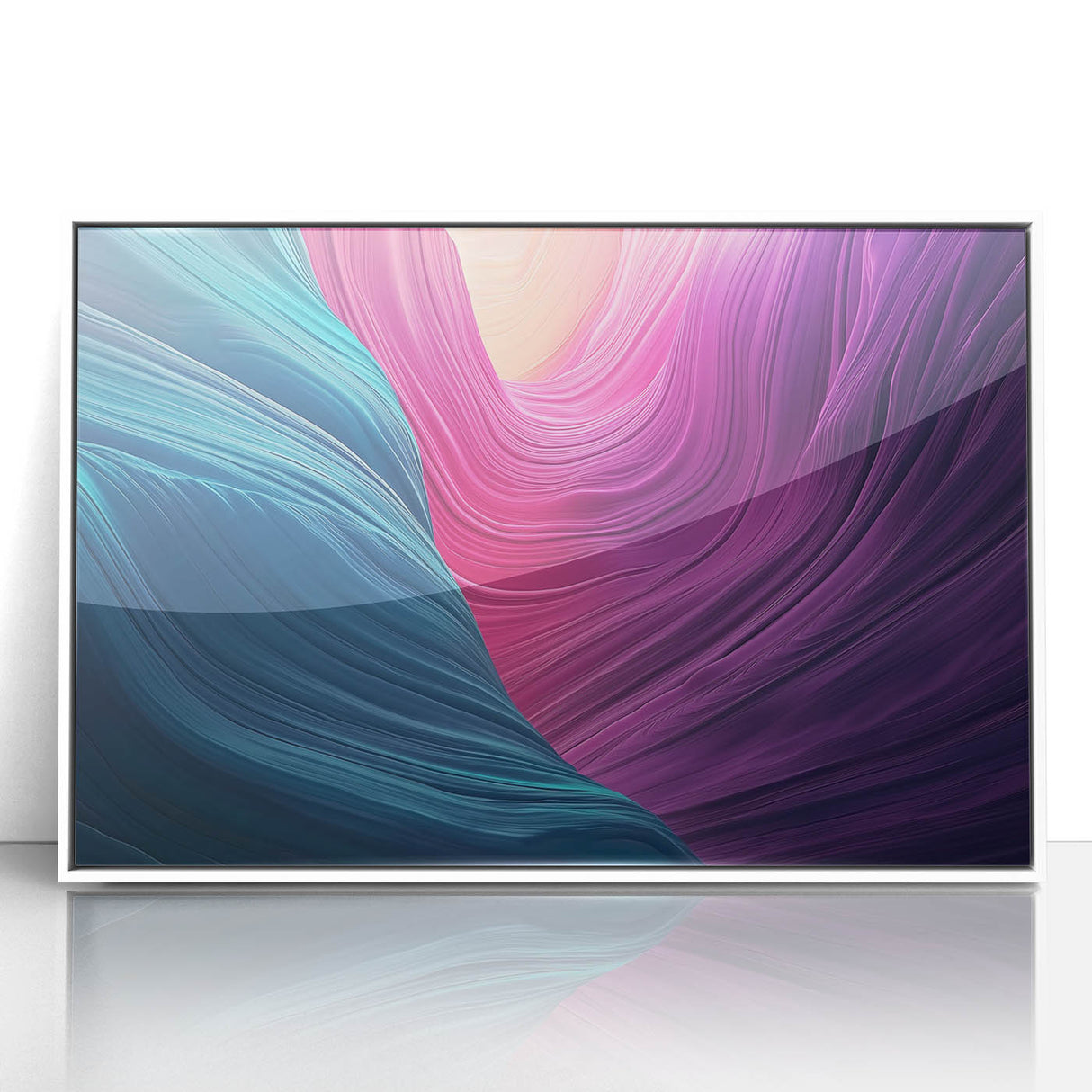 Framed acrylic landscape artwork showcasing vibrant canyons in rich earth tones, elegantly displayed in a sleek white frame, perfect for enhancing modern home decor.