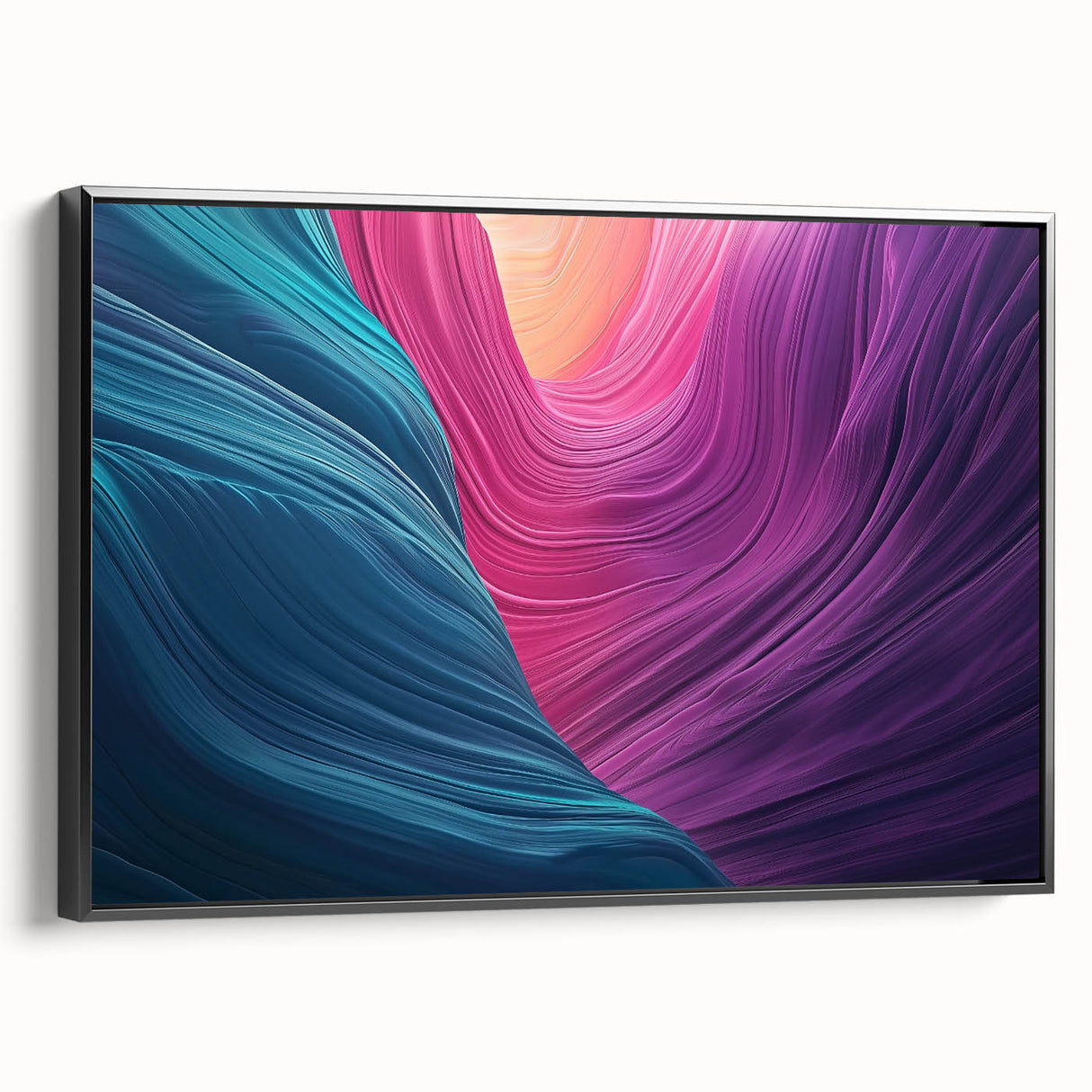 Framed canvas artwork showcasing a stunning landscape of colorful canyons, featuring a black frame that enhances the vibrant hues. Ideal for home decor.