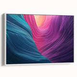 Framed canvas artwork showcasing a stunning landscape of canyons, highlighted by vibrant colors and intricate details, perfect for home decor. The piece is elegantly displayed with a white frame, enhancing its visual appeal and making it an ideal addition to nature-inspired interiors.