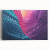 Vibrant stretched canvas depicting a dramatic landscape of colorful canyons at sunset, showcasing rich hues of orange, red, and purple, perfect for home decor.