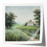 Scenic landscape wall art print showcasing a tranquil countryside view with rolling hills and lush greenery, presented in a glossy finish for vibrant color enhancement.