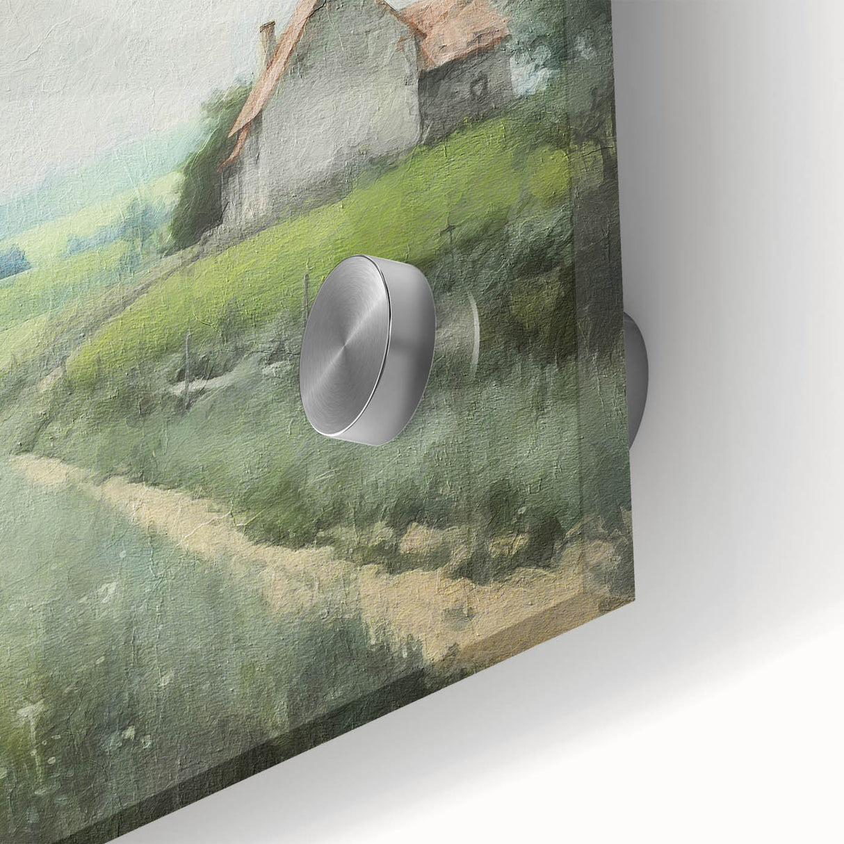 Close-up of a vibrant landscape wall art piece showcasing a serene countryside scene, printed on acrylic glass for a modern touch, enhancing home decor.