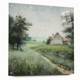 Acrylic glass wall art showcasing a serene countryside landscape design, displayed from the side with clear pins for mounting, enhancing modern decor aesthetics.