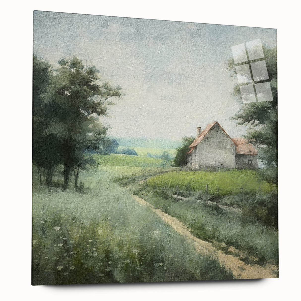 Landscape wall art depicting a serene countryside scene with rolling hills and lush greenery, displayed in an acrylic glass frame, showcasing vibrant colors and details. Perfect for home decor enthusiasts seeking a nature-inspired aesthetic.