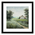 Framed landscape wall art depicting a serene countryside scene, featuring lush green fields and a clear blue sky, presented in a stylish black frame with a mat, ideal for home decor.