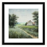 Framed landscape wall art depicting a serene countryside scene, featuring lush green fields and a clear blue sky, presented in a stylish black frame with a mat, ideal for home decor.