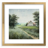 Landscape wall art in a gold frame with a mat, showcasing a serene countryside scene, perfect for home decor. Ideal for enhancing interior aesthetics and ambiance.