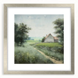 Framed landscape wall art depicting a serene countryside scene, featuring vibrant colors and a silver mat, perfect for enhancing home decor aesthetics.