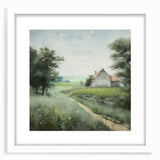 Landscape wall art featuring a serene countryside scene, framed in a sleek white frame with matting, perfect for adding a touch of nature to home decor.