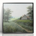 Framed acrylic wall art showcasing a serene countryside landscape with lush greenery and a vibrant sky, elegantly presented in a sleek black frame for home decor.