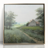 Framed landscape wall art depicting a serene countryside scene with vibrant greens and golden accents, showcasing a tranquil atmosphere ideal for home decor.