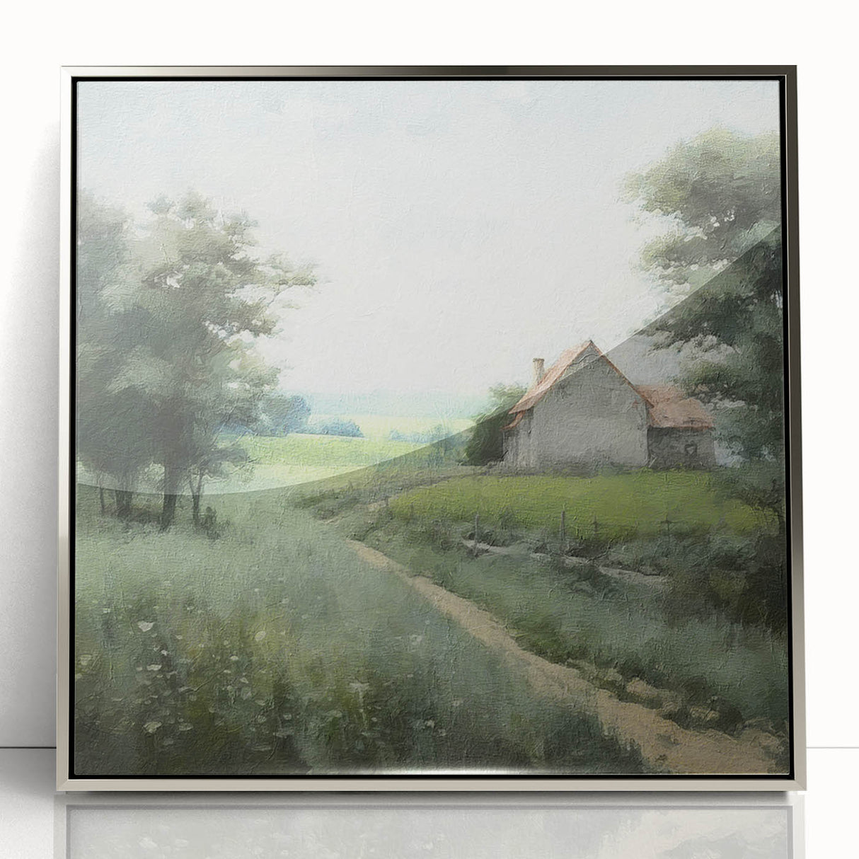 Framed acrylic wall art depicting a serene landscape of rolling hills and a vibrant sunset, bordered with elegant silver framing, perfect for home decor.
