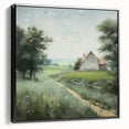 Framed canvas wall art depicting a serene countryside landscape with vibrant green fields and a clear blue sky, featuring a sleek black frame for modern decor.