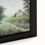 Close-up of a framed landscape wall art canvas depicting a serene countryside scene with lush greenery and vibrant colors, perfect for home decor enhancement.