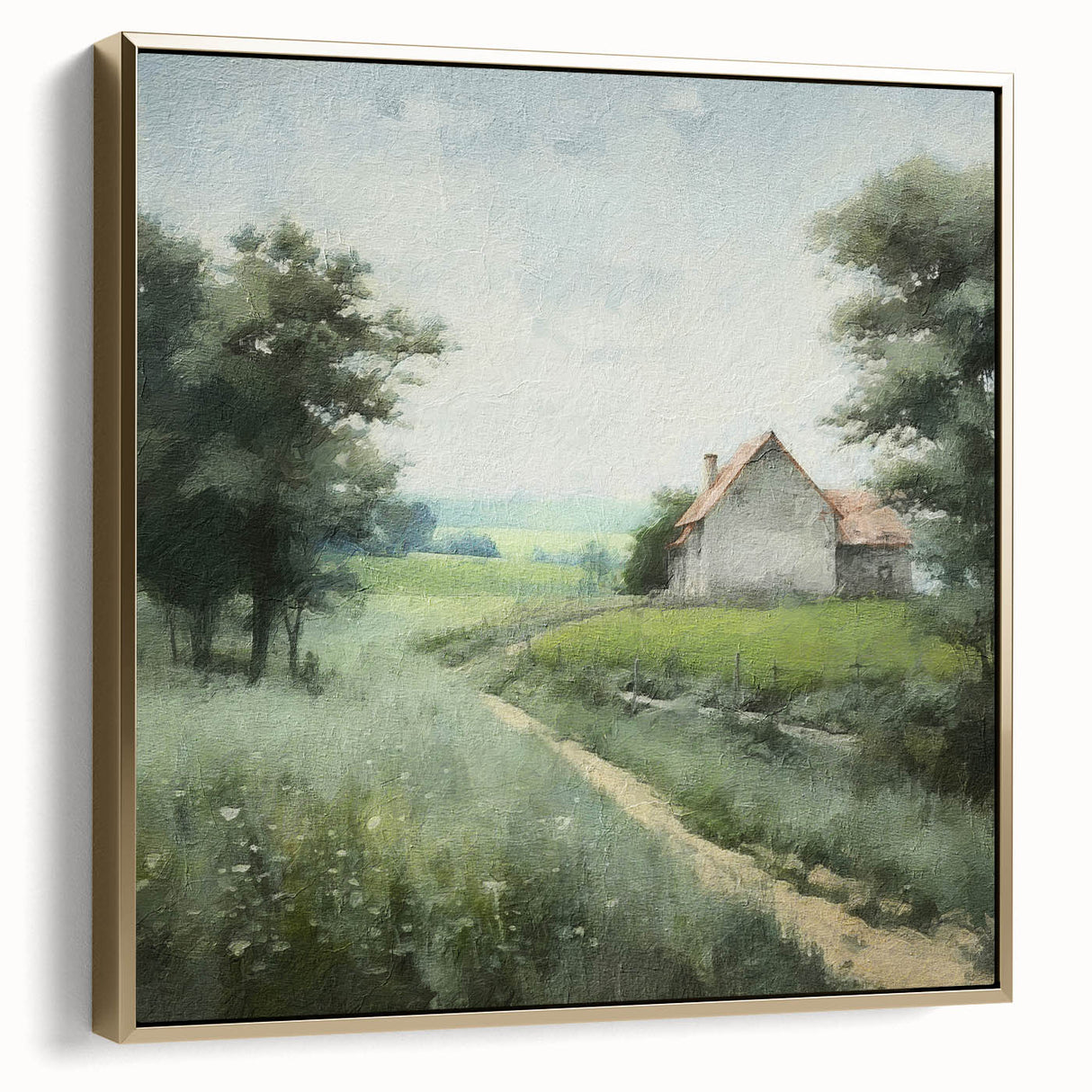 Framed landscape wall art depicting a serene countryside scene, featuring lush green fields and a golden sky at sunset, ideal for home decor.