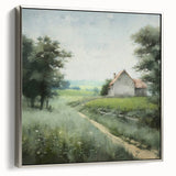 Framed wall art depicting a serene countryside landscape with lush greenery and a tranquil sky, showcased in a stylish silver frame, perfect for home decor.