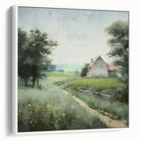 Framed landscape wall art depicting a serene countryside scene with vibrant greens and soft blues, elegantly showcased in a white frame, perfect for home decor.