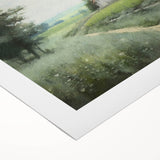 Landscape wall art featuring a serene countryside scene with rolling hills, vibrant greenery, and a clear blue sky, printed on high-quality rolled canvas for easy display.
