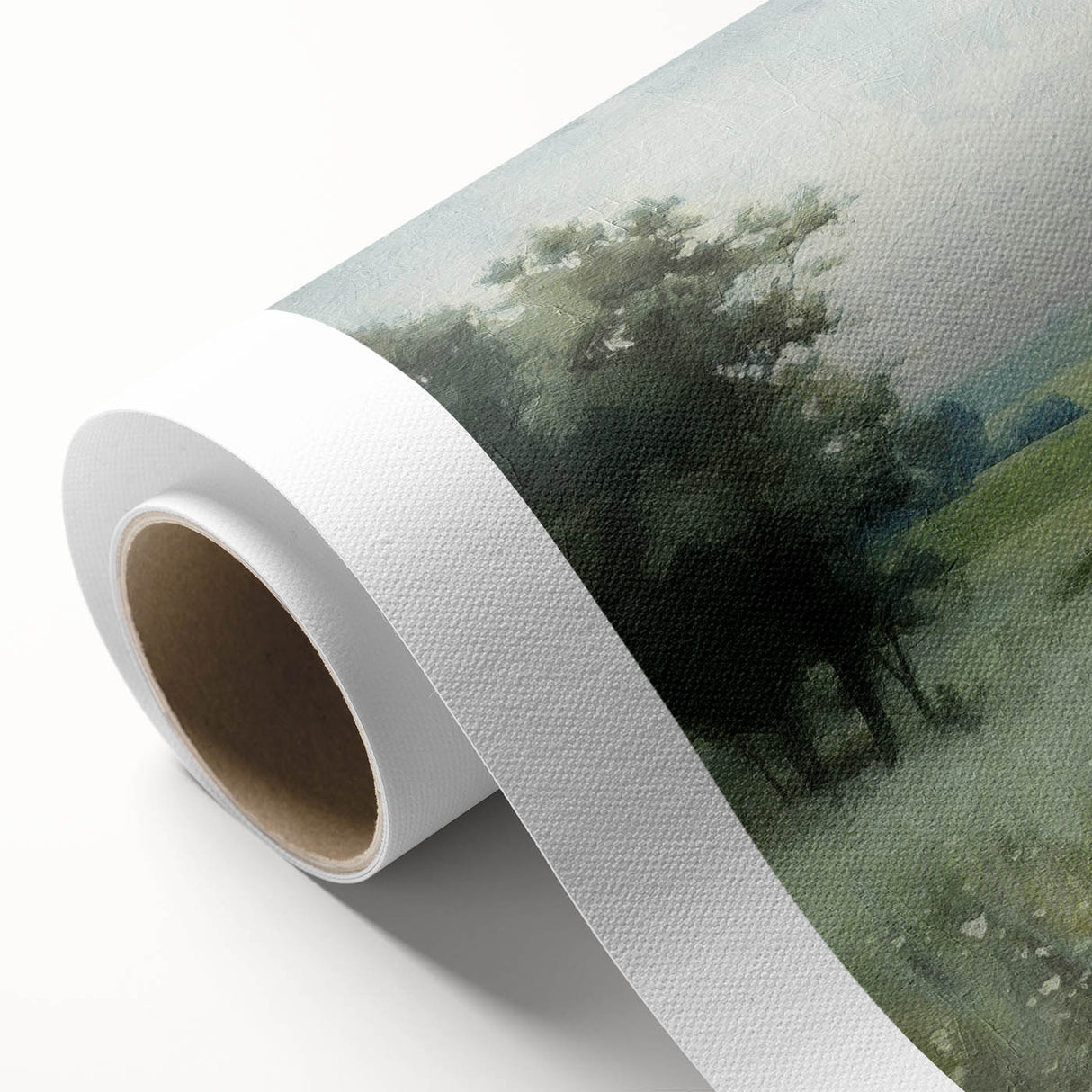 Rolled canvas showcasing a serene landscape of rolling hills and a vibrant sunset, perfect for countryside wall art decor, packaged securely in a protective tube.