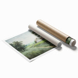 Serene landscape wall art print showcasing vibrant green fields, rolling hills, and a clear blue sky, rolled for easy shipping and display in any home decor.