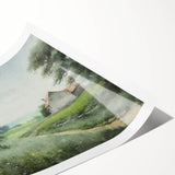 Vibrant landscape wall art print showcasing a serene countryside scene with rolling hills, lush greenery, and a bright blue sky, ideal for home decor.