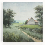 Stretched canvas wall art depicting a serene countryside landscape with rolling green hills, a vibrant blue sky, and wispy white clouds, perfect for home decor.