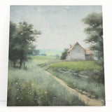 Stretched canvas wall art depicting a serene countryside landscape, featuring vibrant green fields and a dramatic sky, perfect for home decor.