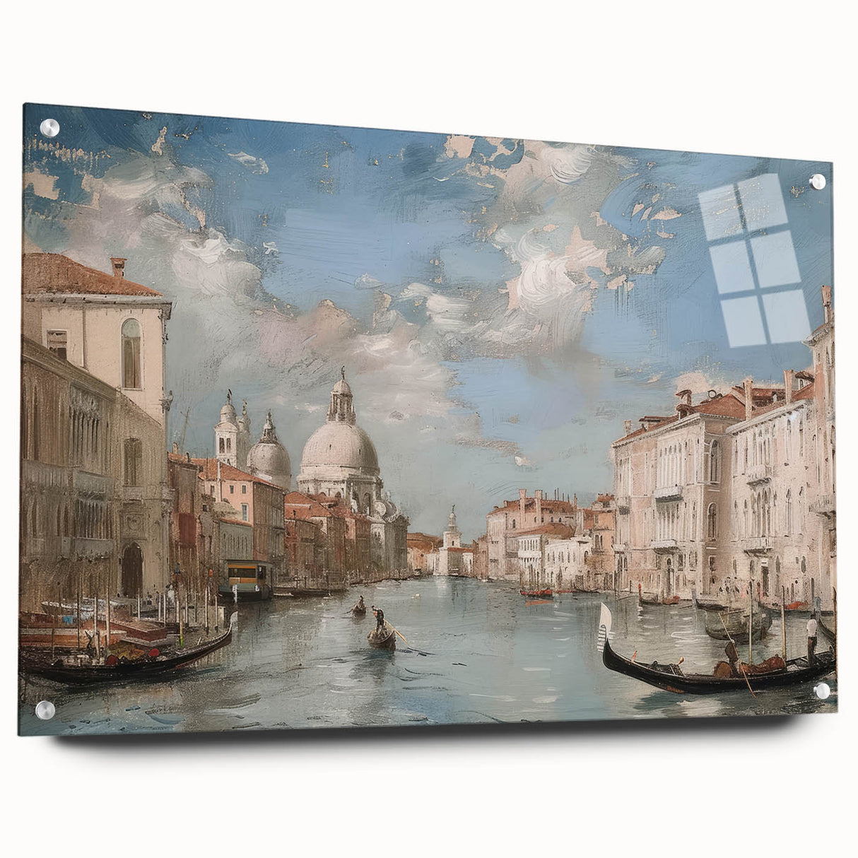 Acrylic glass landscape design viewed from the side, showcasing vibrant colors and intricate details, secured with decorative pins, ideal for modern decor.