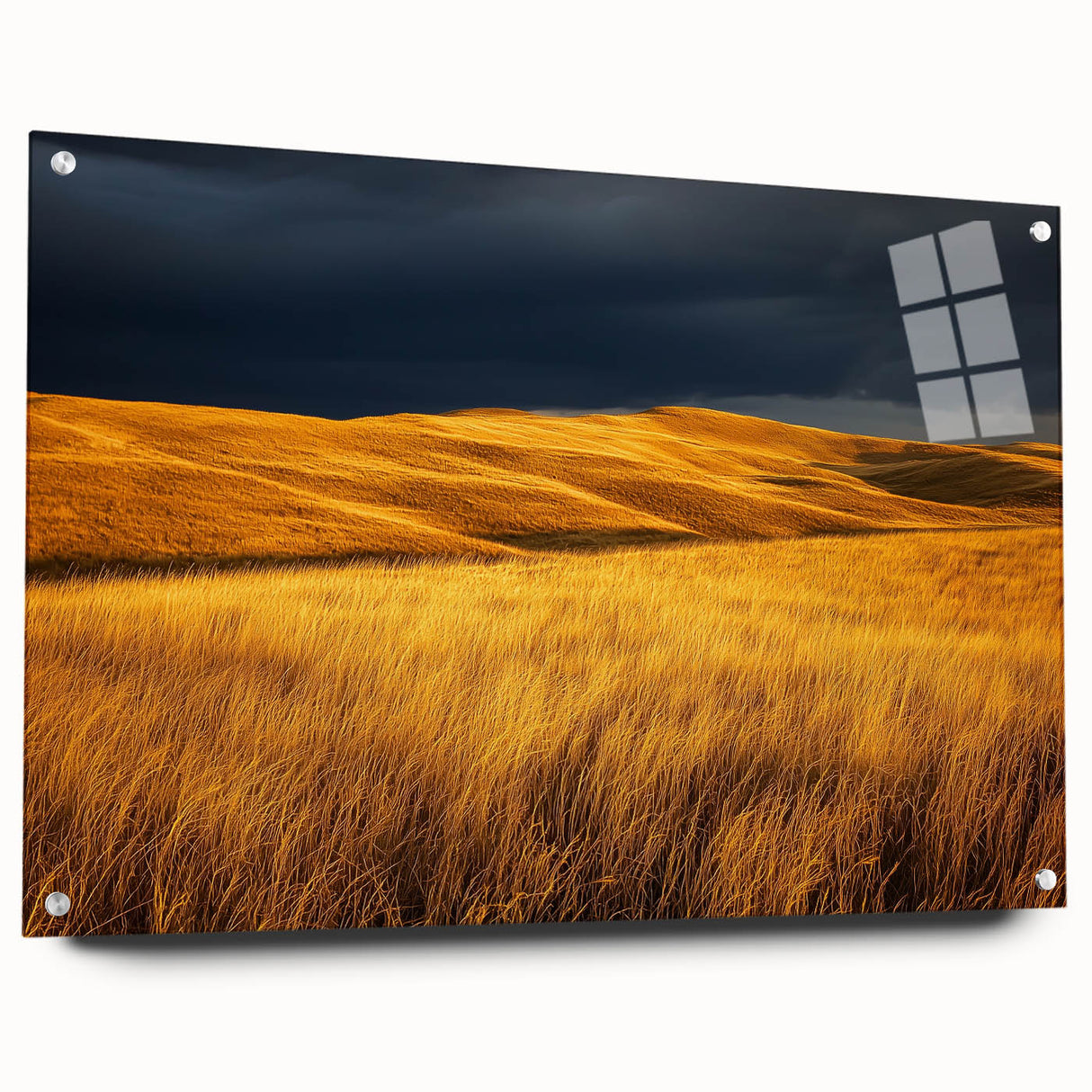 Acrylic glass artwork depicting a serene countryside landscape, featuring rolling hills and vibrant greenery, displayed from a side view with decorative pins.