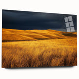 Vibrant acrylic landscape artwork depicting a serene countryside scene with rolling hills and lush greenery, showcased in a sleek glass frame for modern decor.