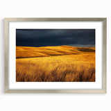 Framed silver landscape artwork showcasing a serene countryside scene, featuring lush green fields and a clear blue sky, perfect for home decor.