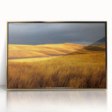 Framed acrylic artwork showcasing a vibrant countryside landscape with rolling hills and golden accents, perfect for home decor and art enthusiasts.